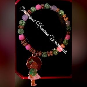 Pink and green with tones of brown custom made little girls bracelet